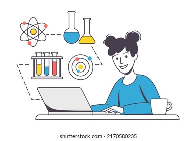 Online Learning with Woman Student Engaged in Virtual Classes Outline Vector Illustration