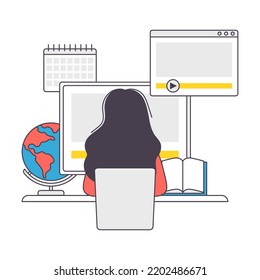 Online Learning with Woman Student Engaged in Virtual Classes Outline Vector Illustration