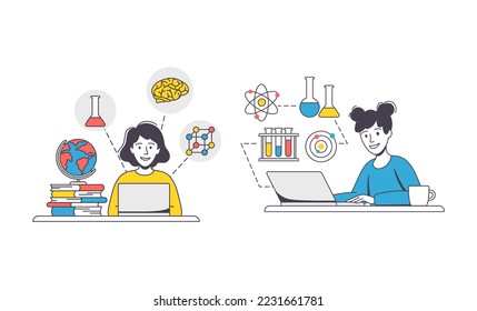 Online Learning with Woman Student Engaged in Virtual Classes Outline Vector Set