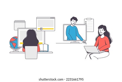 Online Learning with Woman Student Engaged in Virtual Classes Outline Vector Set