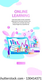 Online Learning. Woman Trainer Explain Lesson. Students Sitting at Desk and Watching at Huge Laptop Screen with Charts. Educational Stuff Icons. Vertical Banner. Copy Space. Flat Vector Illustration.