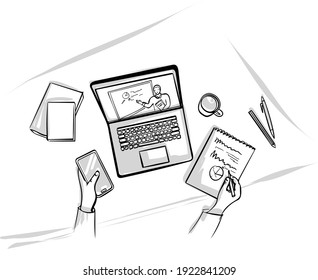 Online Learning Workplace Doodle Illustration. Webinar Sketch , Online Training, Education On Computer, 