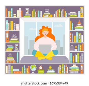 Online learning. A young girl student sits on a couch with a laptop surrounded by books and bookshelves and studies remotely. Vector in flat style on a theme e-learning and distance education.