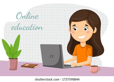 Online learning young girl studying at a laptop vector illustration concept