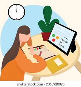  Online learning. The young heroine remotely passes a psychological test on a tablet, sitting at a table and sharing notes in a notebook. illustration in a flat style