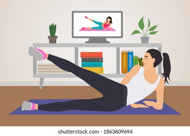 Online learning.A girl plays sports online at home on TV. Exercise during self-isolation in quarantine. Vector illustration.