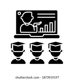 Online lecture black glyph icon. Internet education. Webinar for students. Distant studying. E learning course. Remote class. Silhouette symbol on white space. Vector isolated illustration