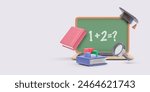 Online lecture concept in 3d realistic style with laptop, book, blackboard, diagram. Vector illustration