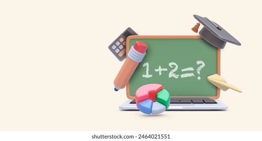 Online lecture concept in 3d realistic style with laptop, calculator, blackboard, diagram, pencil. Vector illustration