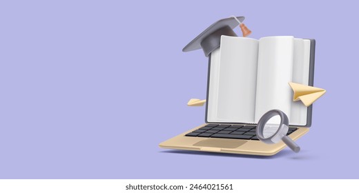 Online lecture concept in 3d realistic style with book, laptop, graduation cap. Vector illustration