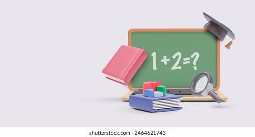 Online lecture concept in 3d realistic style with laptop, book, blackboard, diagram. Vector illustration