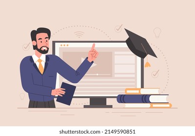 Online lecture concept. Male university professor stands next to computer monitor and conducts webinar. Bachelor or master degree diploma. Online platform. Cartoon modern flat vector illustration