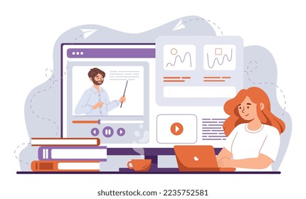 Online lecture concept. Woman behind laptop looks at man with pointer, graphs and charts, financial literacy and distance education. Poster or banner for website. Cartoon flat vector illustration