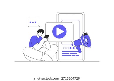 Online-Vorlesung, Internet-Kursüberwachung am Telefon, digital. Fernunterricht, Play-Taste auf dem Bildschirm des Smartphones, Musik-Player. Flache Cartoon Vektorgrafik, Symbol Stilvolles abstraktes Design Landing Web