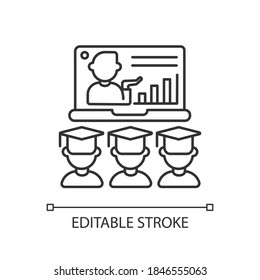 Online lecture linear icon. Internet education. Webinar for students. Distant studying. Thin line customizable illustration. Contour symbol. Vector isolated outline drawing. Editable stroke