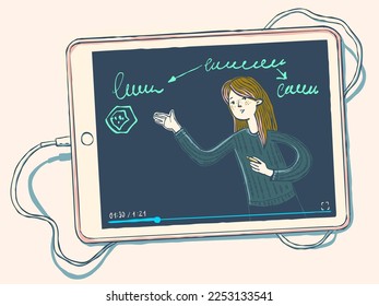 Online-Vortrag auf einem Tablett. Eine junge Lehrerin. Vektorgrafik im Cartoon-Stil.