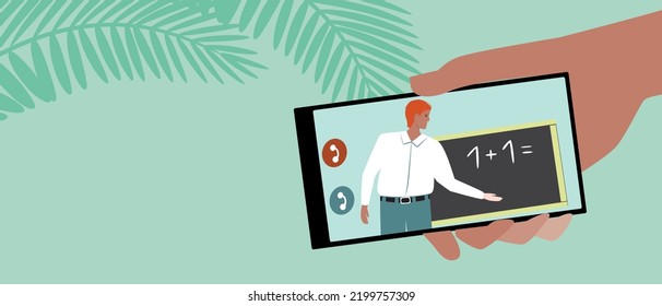 Online lecture teachers like e-learning, flat vector stock illustration or copy space template and leaves