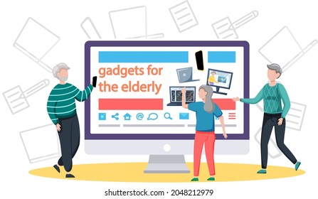 Online lecture and training gadgets for old people, modern means of communication. Pensioner and modern digital technology concept. Oldster education on internet. Senior learning to work with computer