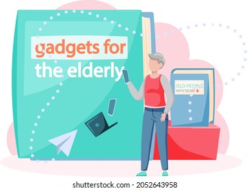 Online lecture and training gadgets for old people, modern means of communication. Pensioner and modern digital technology concept. Oldster education on computer. Seniors learn to work with smartphone