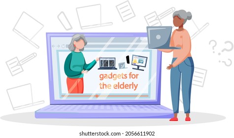 Online lecture and training gadgets for old people, modern means of communication. Pensioner and modern digital technology concept. Oldster education on computer. Seniors learning to work with laptop