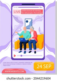 Online lecture and training for old people announcement advertising poster vector template. Graybeard and modern digital technology concept. Oldster education on computer. Seniors retired grandparents