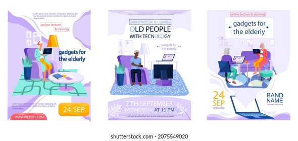Online lecture and training for old people announcement advertising posters template set. Pensioner and modern digital technology concept. Oldster education on computer. Seniors retired grandparents