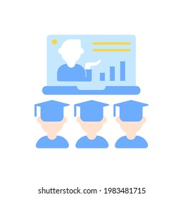 Online lecture vector flat color icon. Internet education. Webinar for students. Distant studying. E learning course. Remote class. Cartoon style clip art for mobile app. Isolated RGB illustration