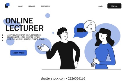 Online lecturer and teacher in classroom vector illustration concept. Online learning and teacher video conference call. Student listening webinar and training. Digital Classroom Online Education