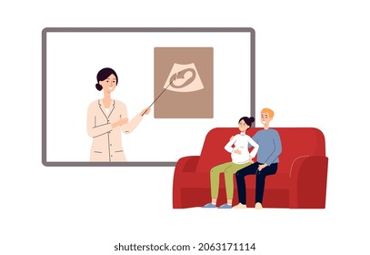 Online lectures and courses for pregnant. Doctor support during pregnancy. Preparing a couple of wife and husband for the birth of a baby. Vector flat cartoon illustration.