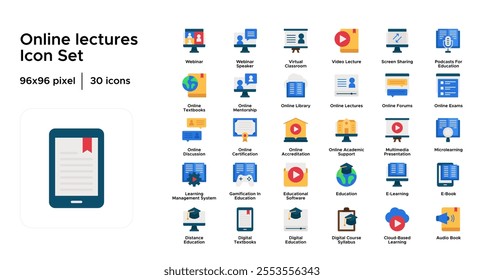 Online Lectures Flat Icon Set: Video Lessons, Remote Learning, Student Engagement, and Educational Content Icons
