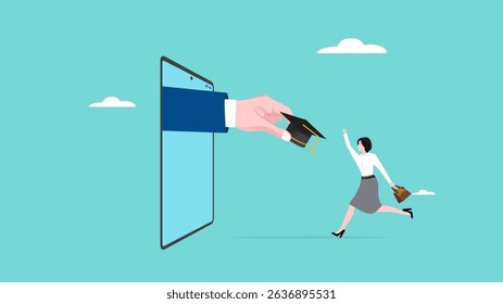 online lectures, happy woman gets graduation cap from online college, online study concept vector illustration