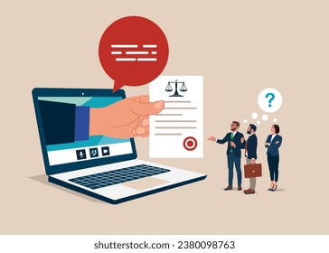 Online legal advice. Big laptop, justice and law application. Flat vector illustration