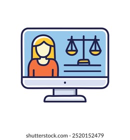 Asesoramiento legal online. Pantalla de computadora que muestra a una mujer y escalas de justicia, que representan la consulta legal en línea.