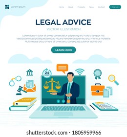 Online Legal advice concept. Labor law, Lawyer, Attorney at law. Lawyer website on laptop screen. Professional law attorney consultation online, legal assistance in business. Vector illustration.