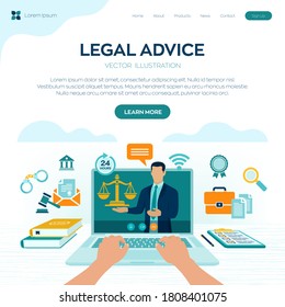 Online Legal advice concept. Labor law, Lawyer, Attorney at law. Lawyer website on laptop screen. Professional law attorney consultation online, legal assistance in business. Vector illustration.