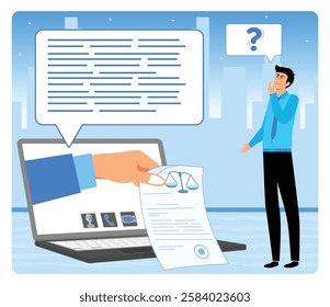 Online legal advice concept with men and Big laptop, justice and law application. Flat vector modern illustration 