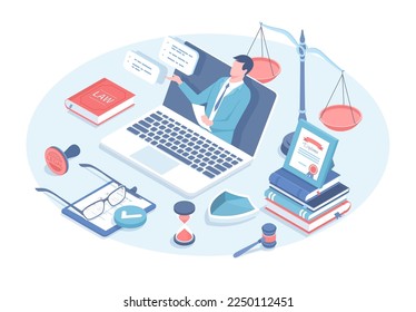 Online legal advice. Professional lawyer consultation. Advocate on laptop screen. Law and justice concept. Vector illustration in 3d design. Isometric web banner.	
