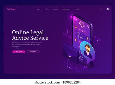 Online Legal Advice Service Banner. Assistance Of Lawyer For Regulation Legal Issues For Compliance To Rules. Vector Landing Page Of Advocate Services With Isometric Smartphone With Chat And Briefcase