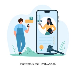 Online legal advice with video call, lawyers assistance and notary support service in mobile app. Tiny man and woman expert with law scales on smartphone screen speak cartoon vector illustration