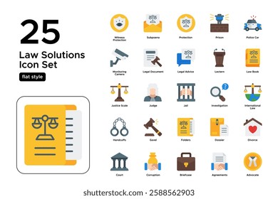 Online Legal Consultation and Attorney Services. Digital Law, Documents, and Court. Vector Illustration. Flat icon set