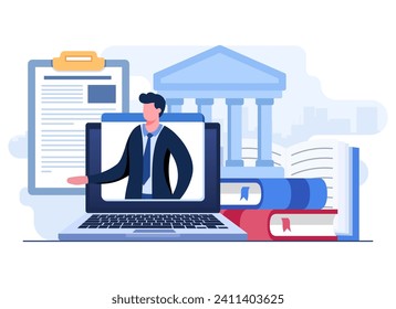 Online legal consultation flat illustration, Lawyer, Legal assistance in business, Legal advice, Law and justice, Remote consulting concept for ui, web design, landing page, web banners, mobile app