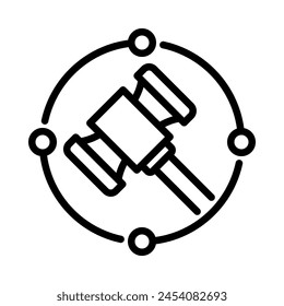 Icono legal en línea. Martillo con circuito circular. Estilo de esquema. Aislar sobre fondo blanco.