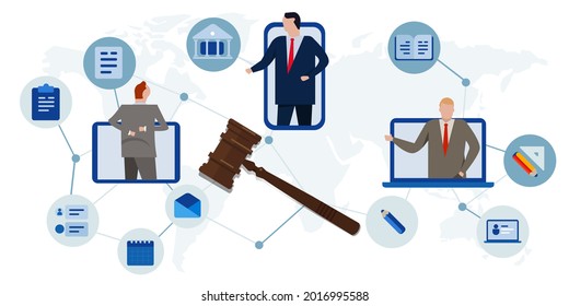 asesoría legal de tribunales de legislación en línea usando comunicación por internet símbolo de asesoramiento global de la demanda de gavel hammer