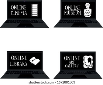 Online leisure and education. Entertainment and relaxation. Online training. Stay at home. Quarantine. Library, gallery, cinema theater and museum.
