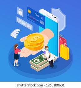 Online lending isometric composition customer with mobile device during getting loan on blue background vector illustration