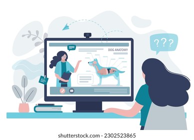 Online lesson about dog anatomy. Teacher talks about internal organs of animal. Tutor tells student about veterinary profession. Girl watching veterinary internet courses or biology webinar. vector svg