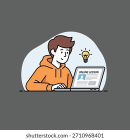 Concepto de lección en línea. Hombre joven que estudia con entusiasmo con el ordenador portátil, comprometido en e-learning. La bombilla simboliza nuevas ideas, conocimiento y resolución de problemas a través de la educación digital.