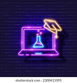 Enseñanza en línea, e-learning, icono de educación en línea. Ilustración vectorial con brillo neón