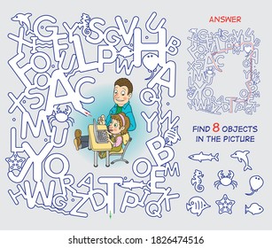 Online lesson. Go through the maze and find 8 hidden objects. Funny cartoon character. Vector illustration.