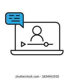 Online lesson icon. Video training symbol. Linear vector icon. Person talking in screen.